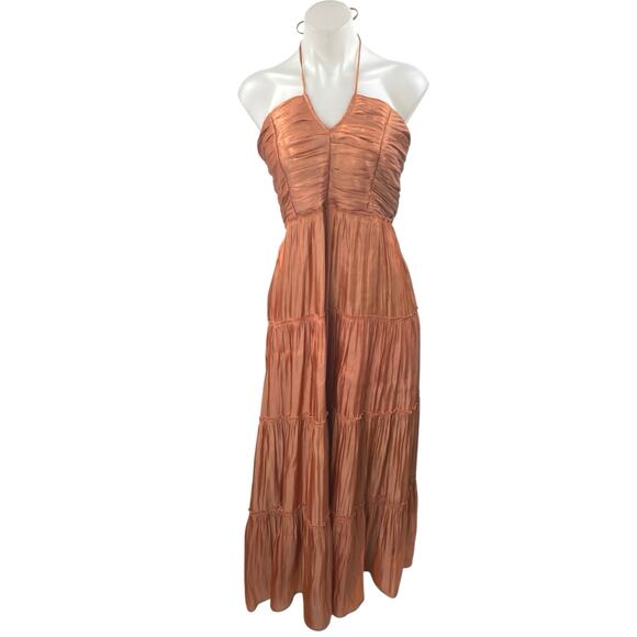 O.P.T East Rust Brown Silky Satin Sleeveless Halter Tiered Maxi A-Line Dress L - Picture 1 of 5